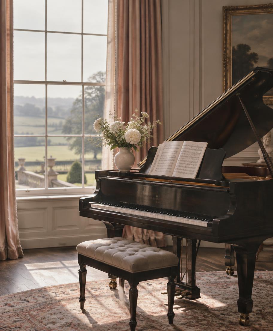 Grand piano and sheet music in a sunlit room